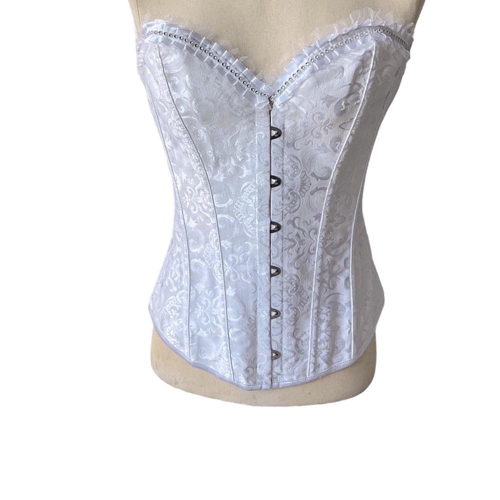 Women White Jacquard Floral Corset Lace Up Boned Sexy Bustier